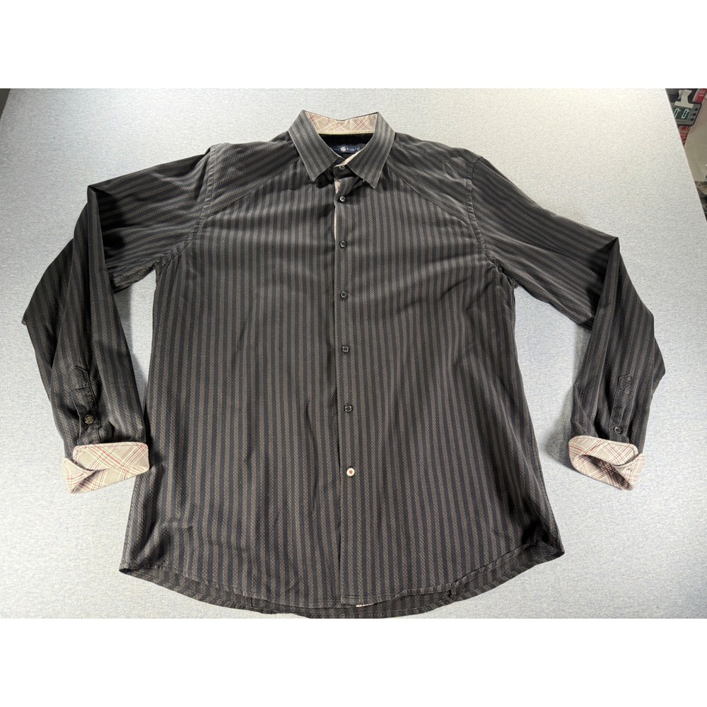 Stone Rose Mens Black Grey Striped Button Down Shirt Cotton Size 4 Lg ROM 3220